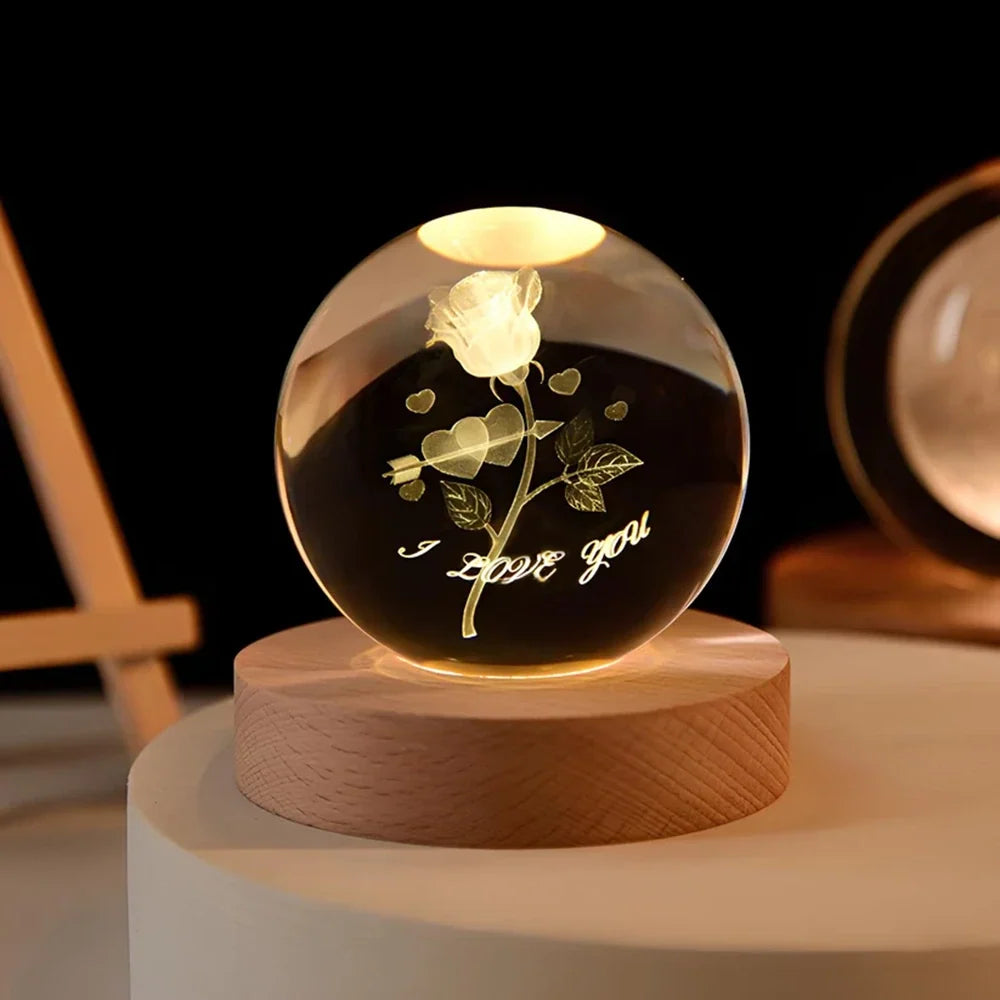 3D Engraved Crystal Ball Night Light – Wood & Glass LED Lamp