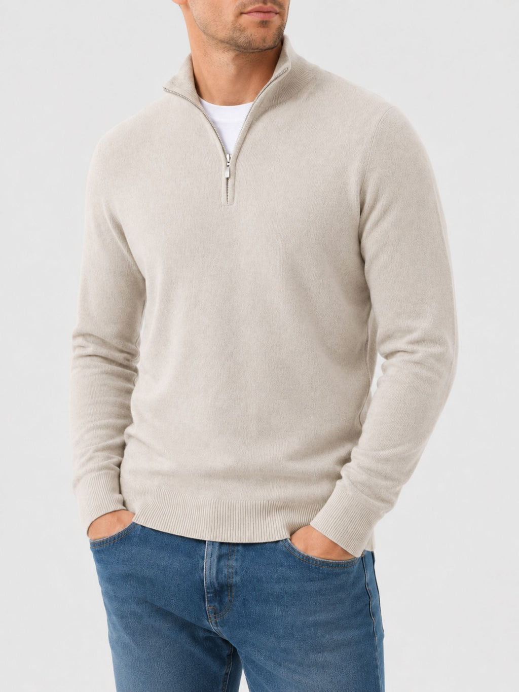 Men's Zip-Up Sweater with Stand-Up Collar, Ribbed Cuffs