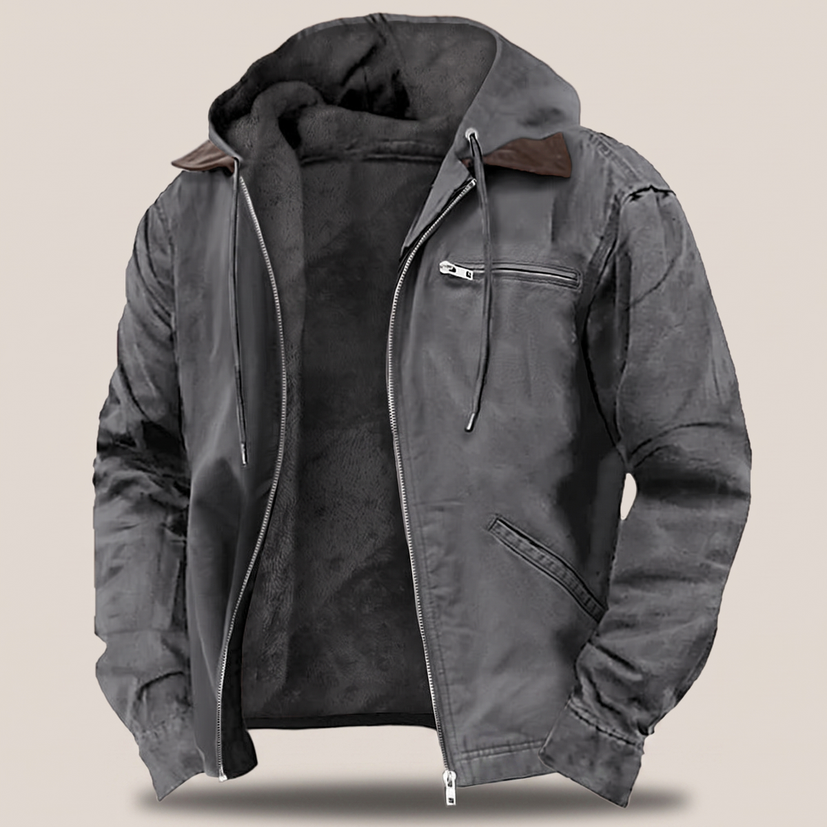 Mens Full-Zip Hooded Jacket - Fleece-Lined Canvas Coat