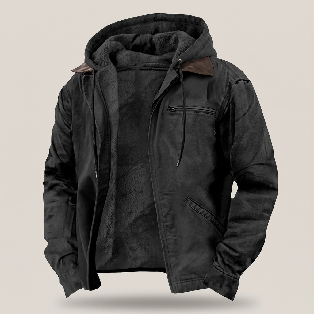 Mens Full-Zip Hooded Jacket - Fleece-Lined Canvas Coat