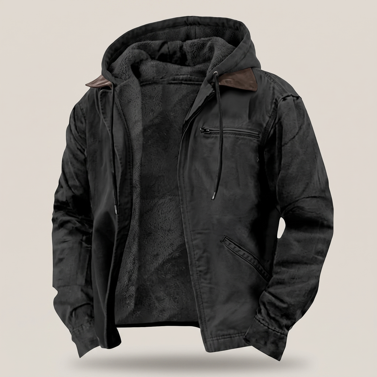 Mens Full-Zip Hooded Jacket - Fleece-Lined Canvas Coat