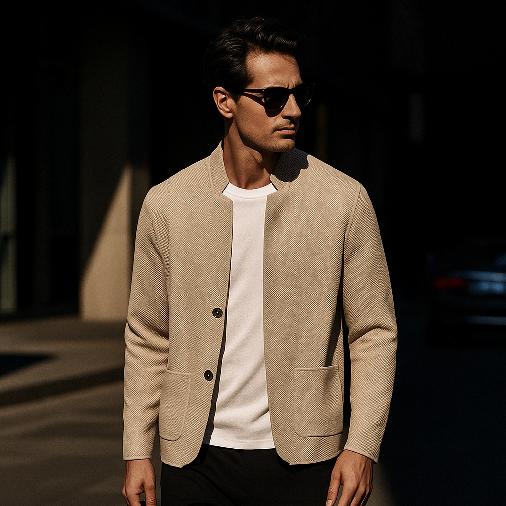 Men's Knit Cardigan with Stand Collar and Button Closure