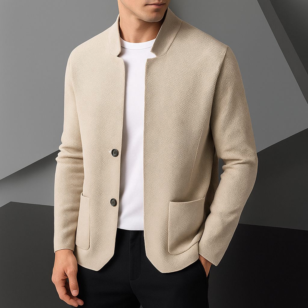 Men's Knit Cardigan with Stand Collar and Button Closure