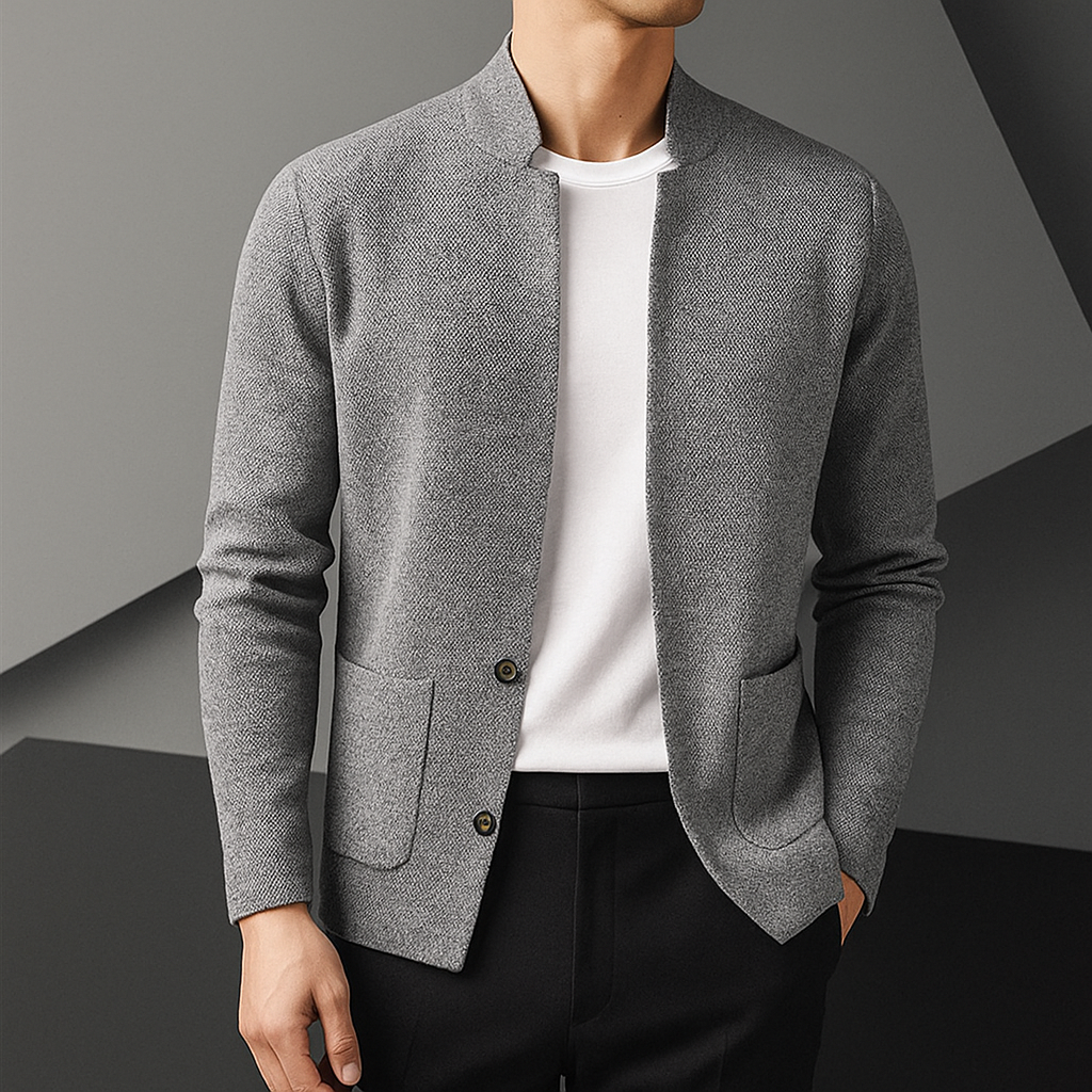 Men's Knit Cardigan with Stand Collar and Button Closure