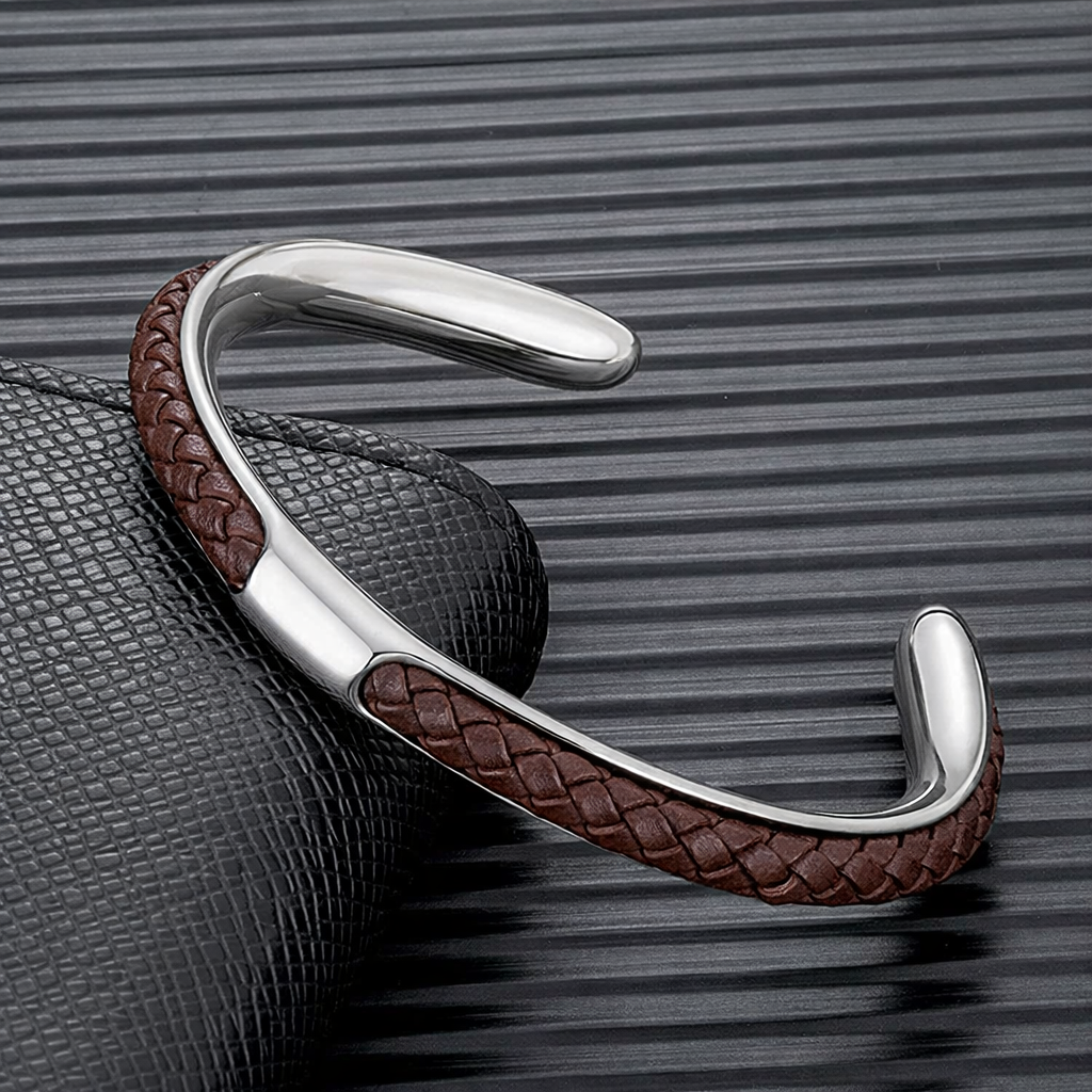 Men's Braided Leather Cuff Bracelet with Stainless Steel Clasp