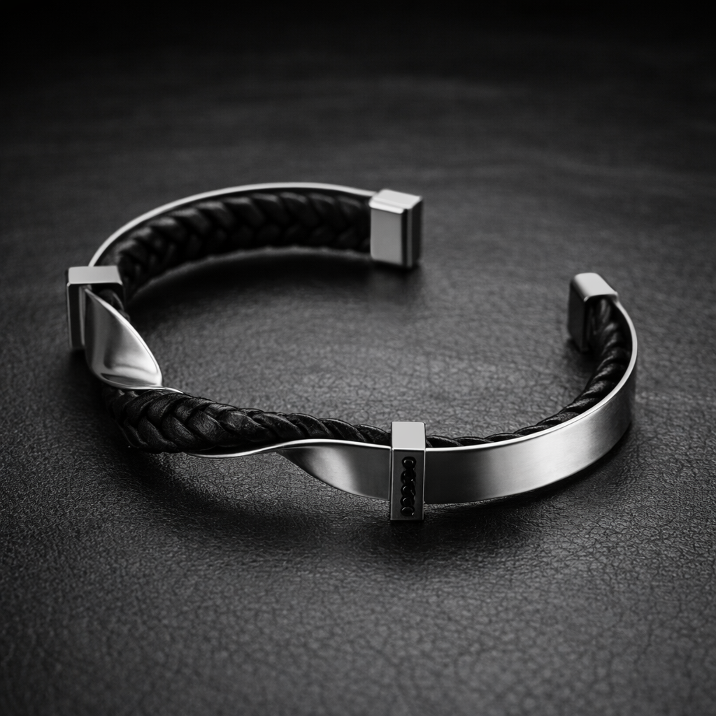 Leather Cuff Bracelet - Braided Genuine Leather & Stainless Steel