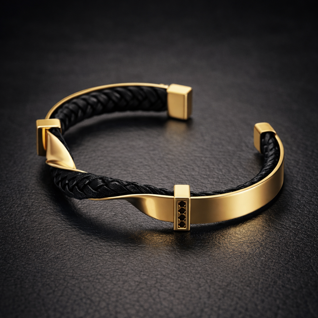Leather Cuff Bracelet - Braided Genuine Leather & Stainless Steel