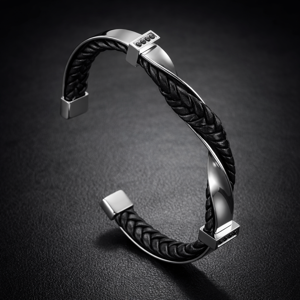 Leather Cuff Bracelet - Braided Genuine Leather & Stainless Steel