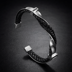 Leather Cuff Bracelet - Braided Genuine Leather & Stainless Steel