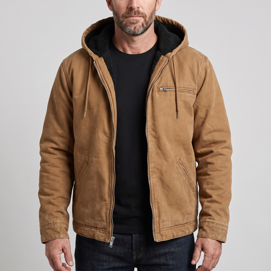Mens Full-Zip Hooded Jacket - Fleece-Lined Canvas Coat