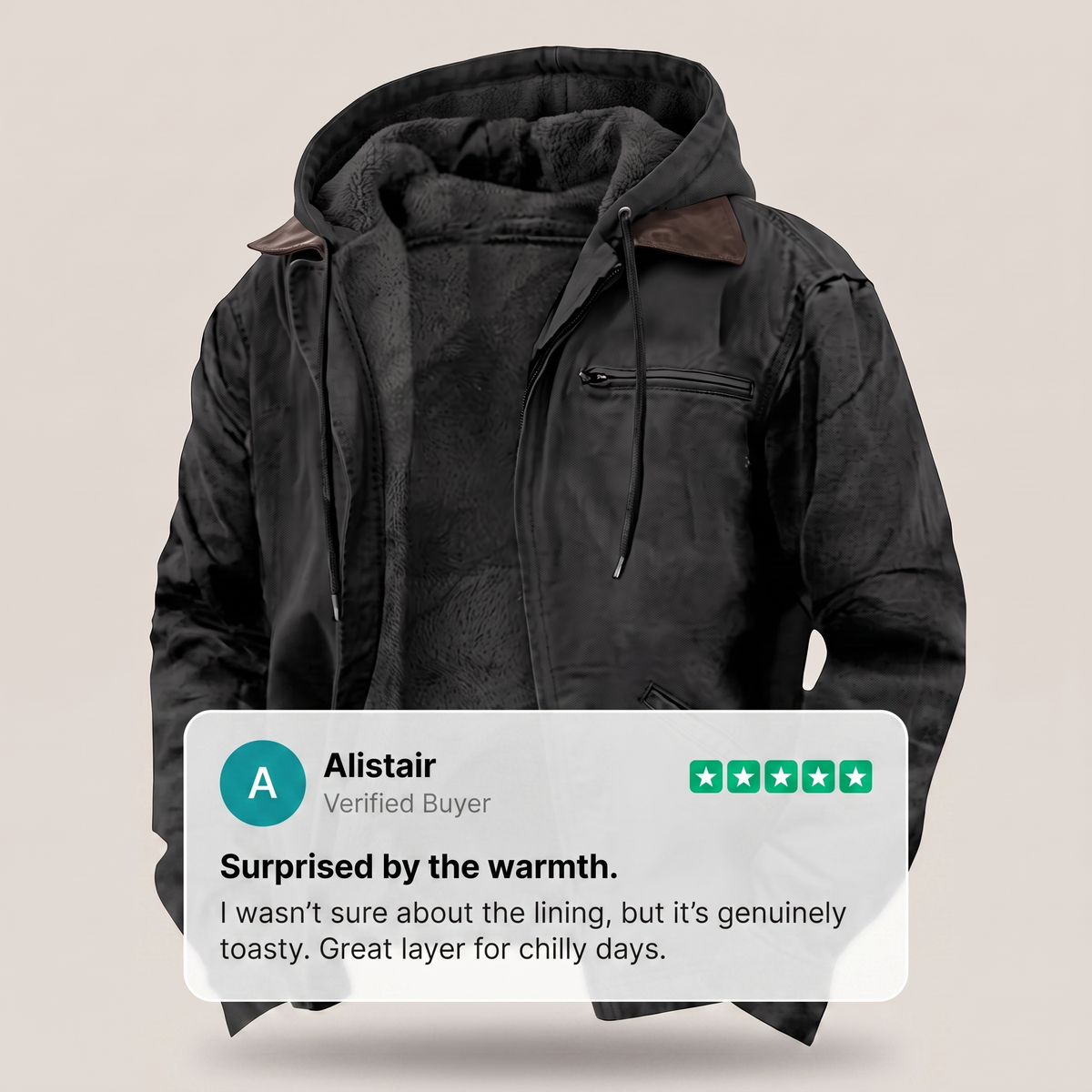 Mens Full-Zip Hooded Jacket - Fleece-Lined Canvas Coat