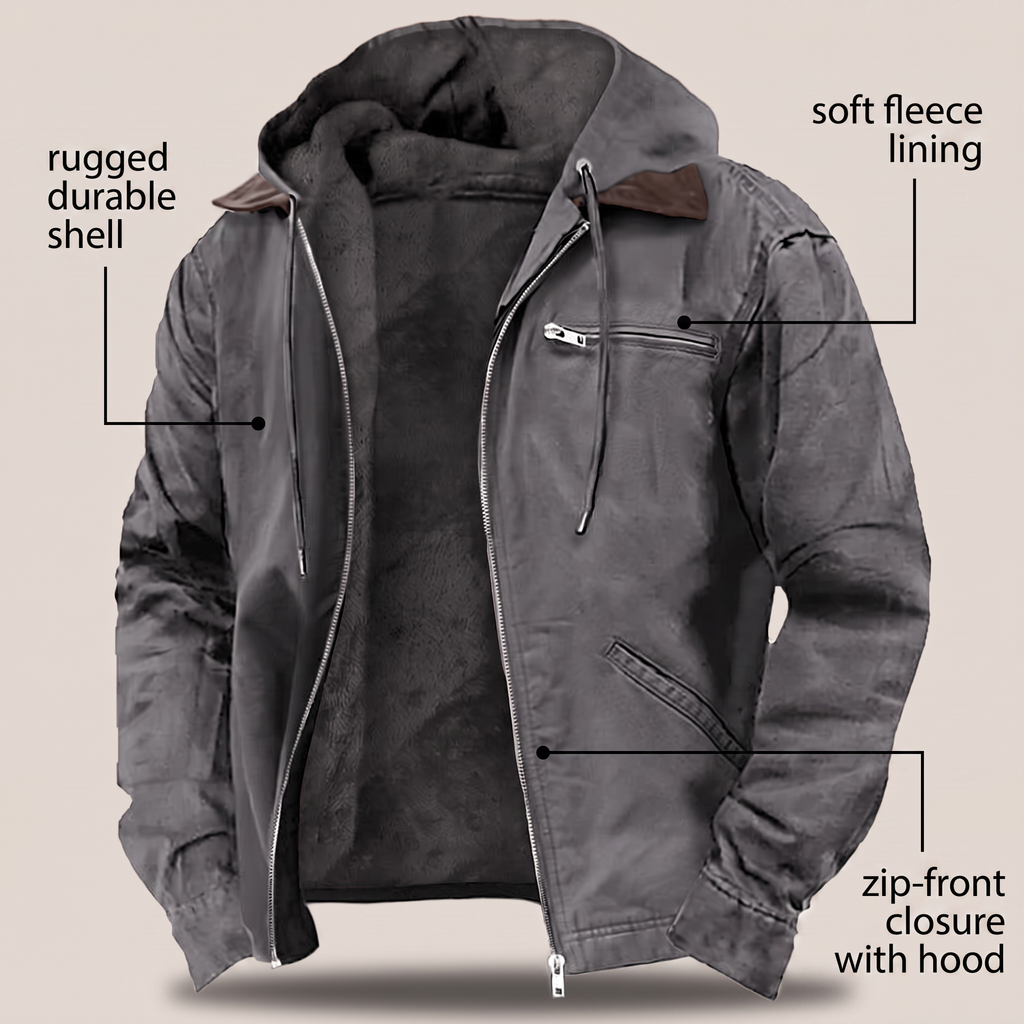 Mens Full-Zip Hooded Jacket - Fleece-Lined Canvas Coat