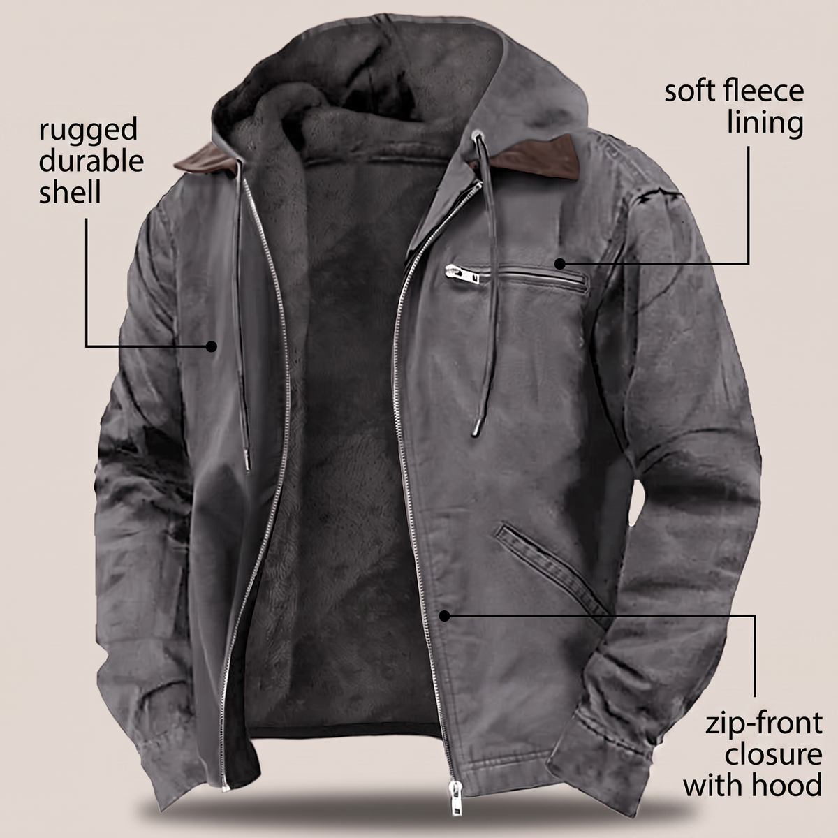 Mens Full-Zip Hooded Jacket - Fleece-Lined Canvas Coat