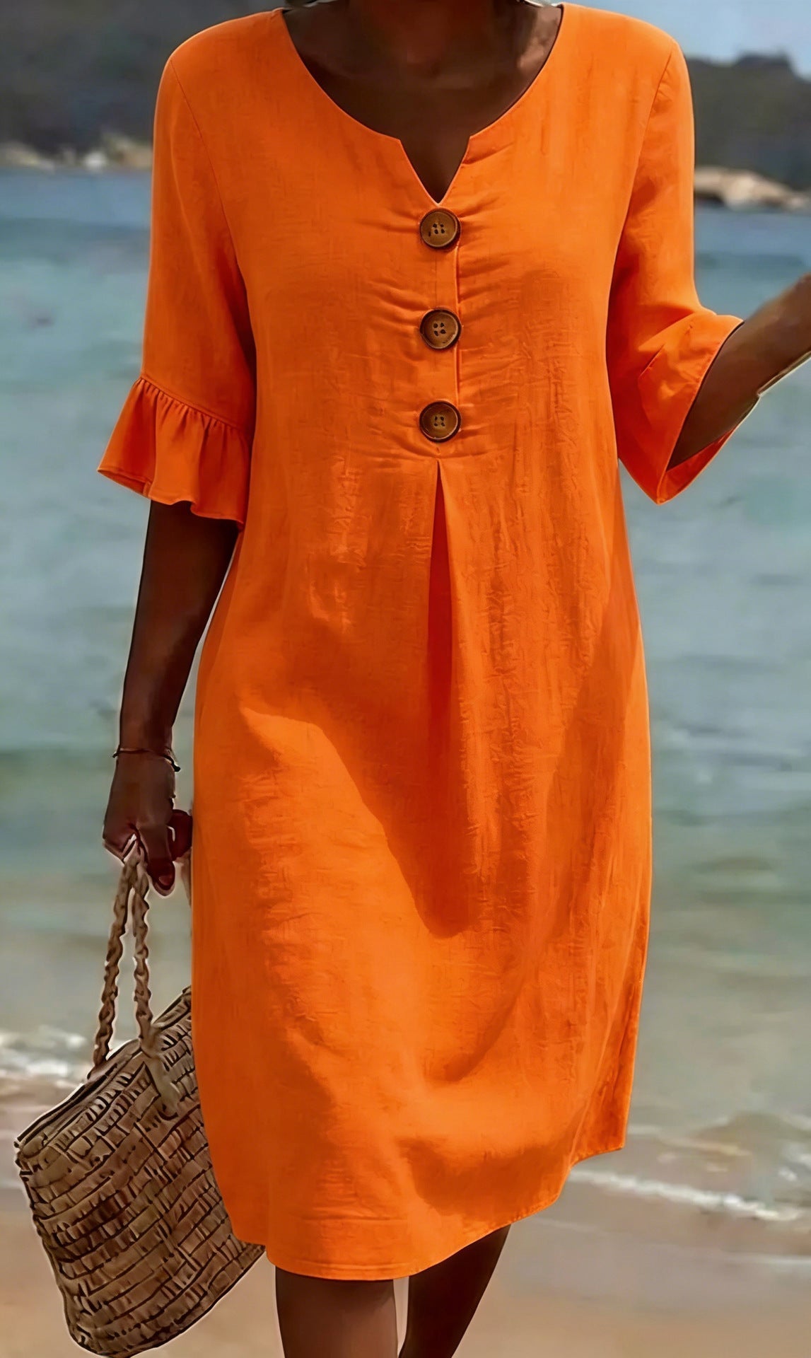 Women's Loose Fit Button-Front Dress with Flowing Sleeves