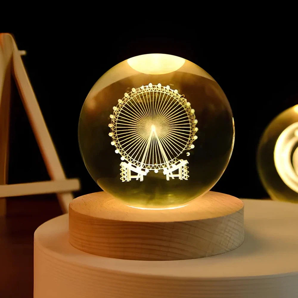 3D Engraved Crystal Ball Night Light – Wood & Glass LED Lamp
