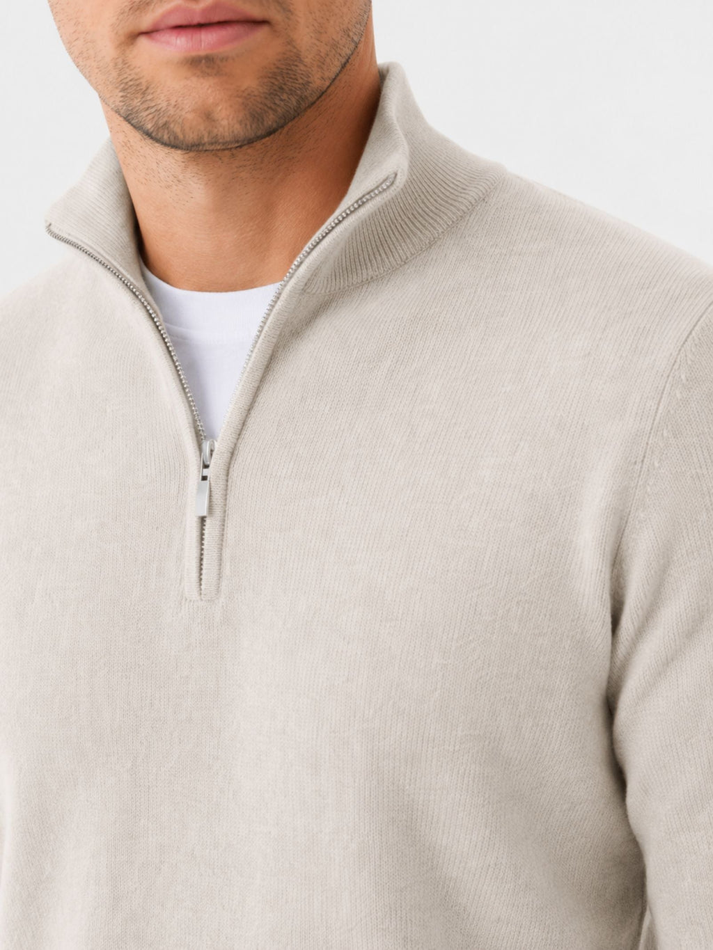Men's Zip-Up Sweater with Stand-Up Collar, Ribbed Cuffs