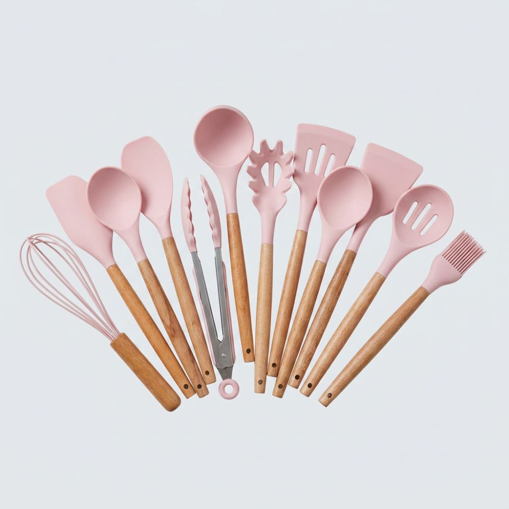 Silicone Kitchen Utensil Set with Wooden Handles – 11 Pieces