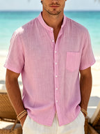 Men's Linen Shirt with Stand Collar, Short Sleeves and Chest Pocket