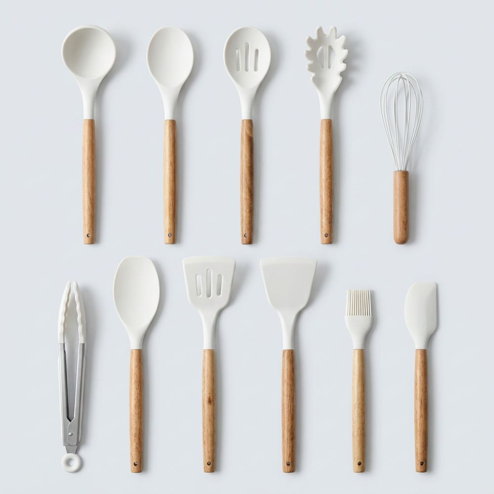 Silicone Kitchen Utensil Set with Wooden Handles – 11 Pieces