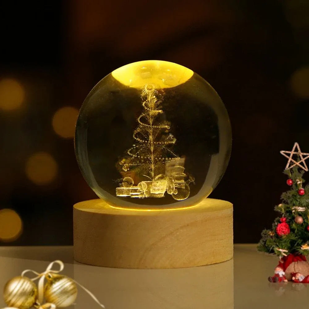 3D Engraved Crystal Ball Night Light – Wood & Glass LED Lamp