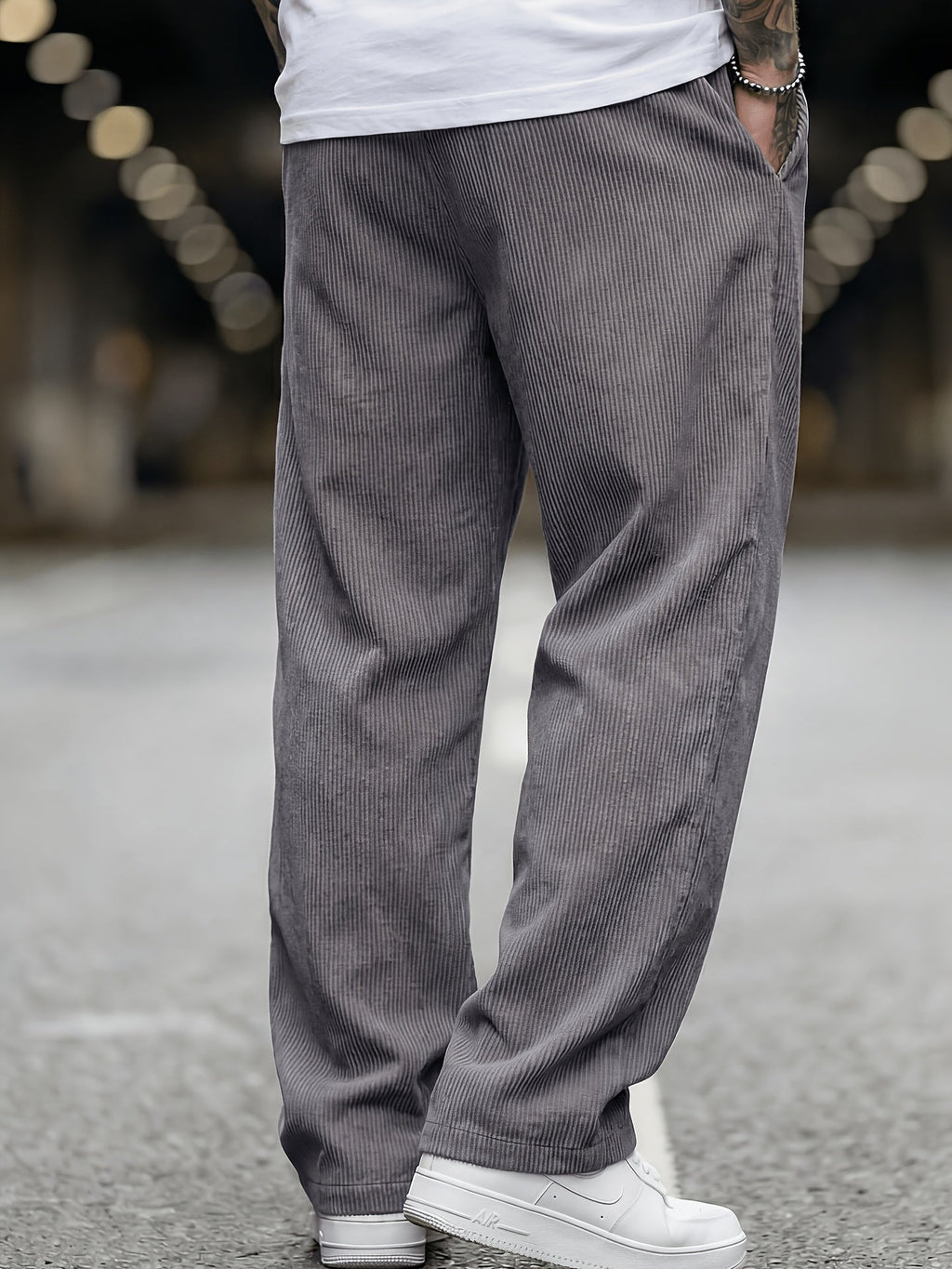 Men's Wide Leg Corduroy Trousers with Elastic Waist and Pockets