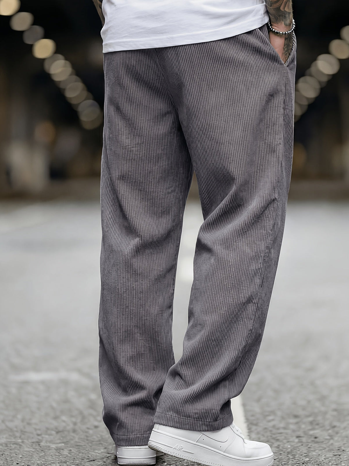 Men's Wide Leg Corduroy Trousers with Elastic Waist and Pockets