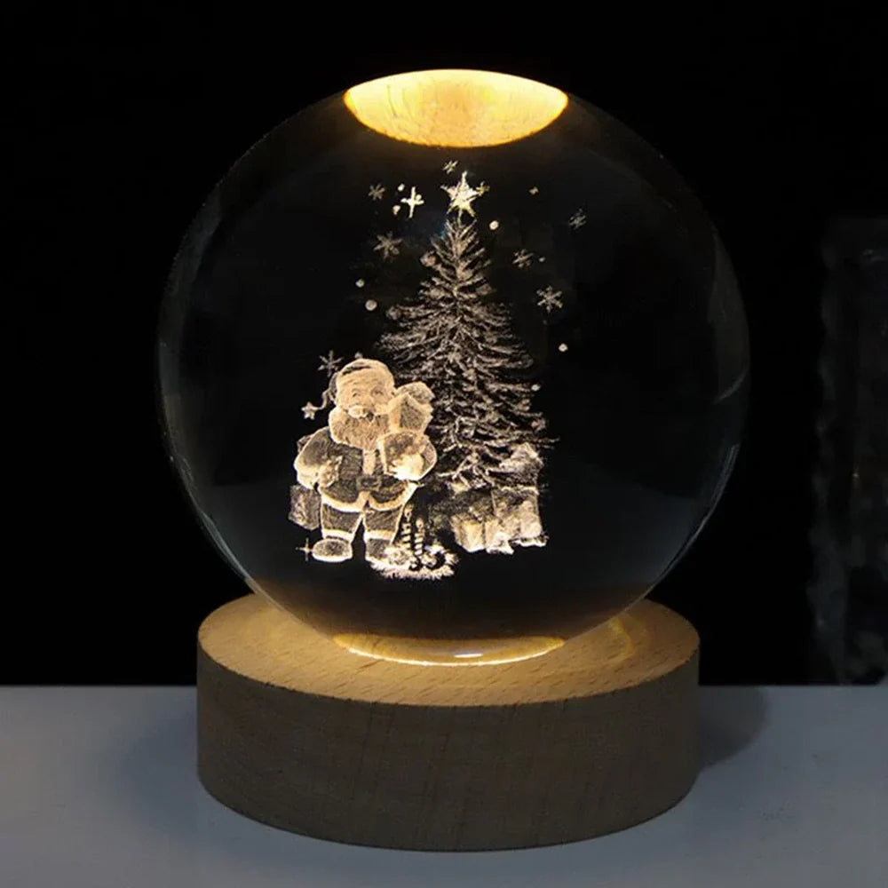 3D Engraved Crystal Ball Night Light – Wood & Glass LED Lamp