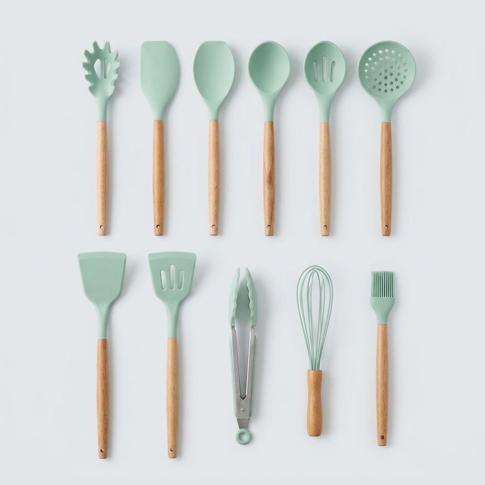 Silicone Kitchen Utensil Set with Wooden Handles – 11 Pieces