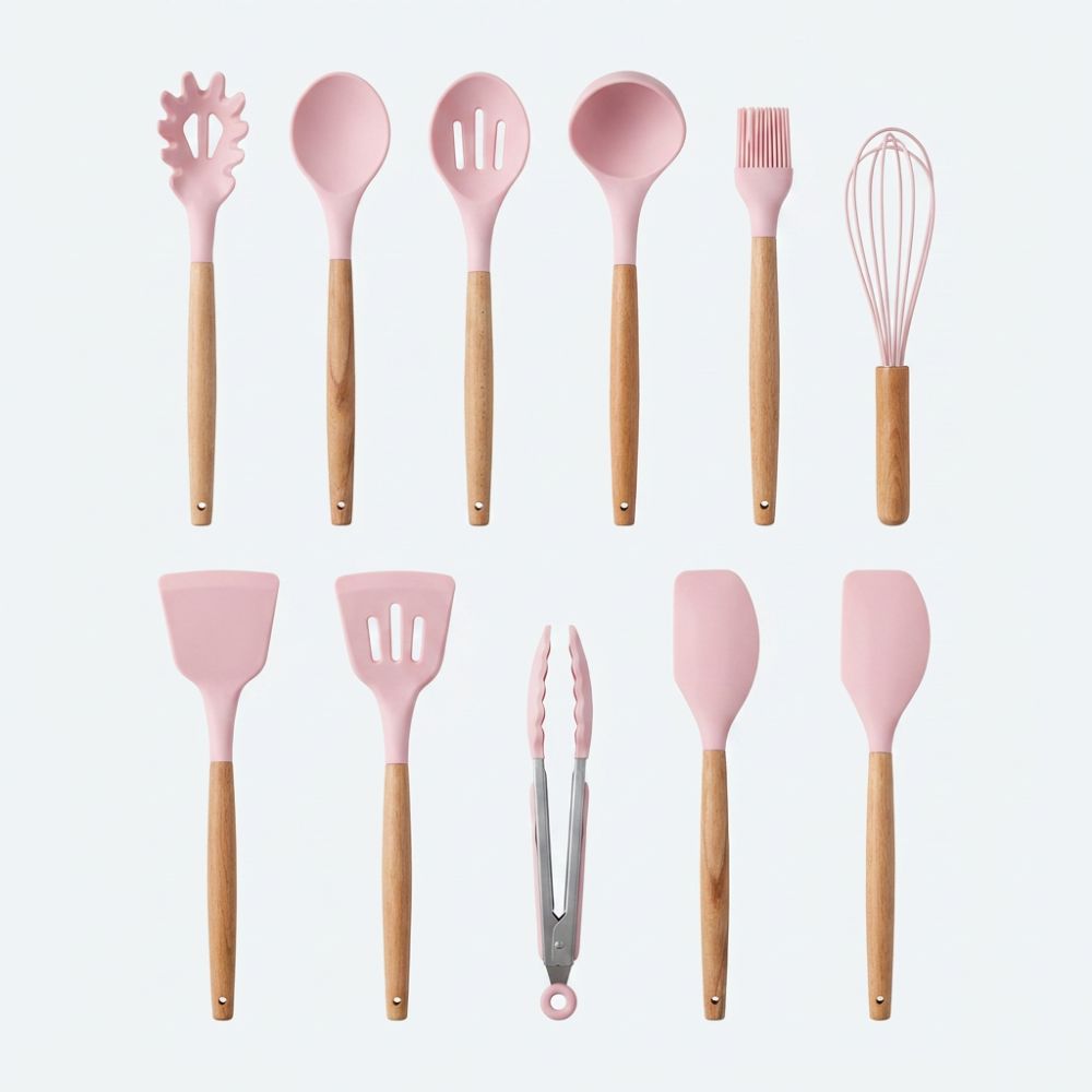 Silicone Kitchen Utensil Set with Wooden Handles – 11 Pieces