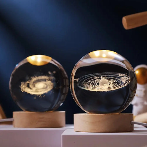 3D Engraved Crystal Ball Night Light – Wood & Glass LED Lamp