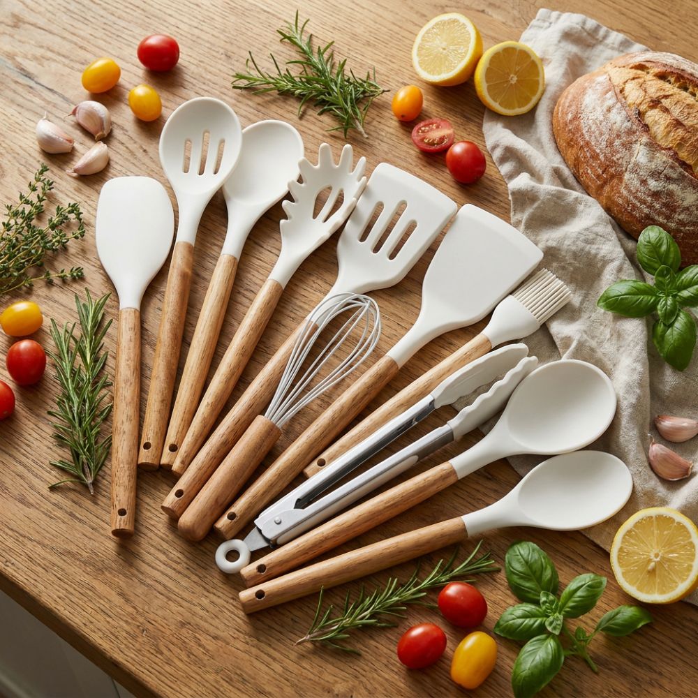 Silicone Kitchen Utensil Set with Wooden Handles – 11 Pieces