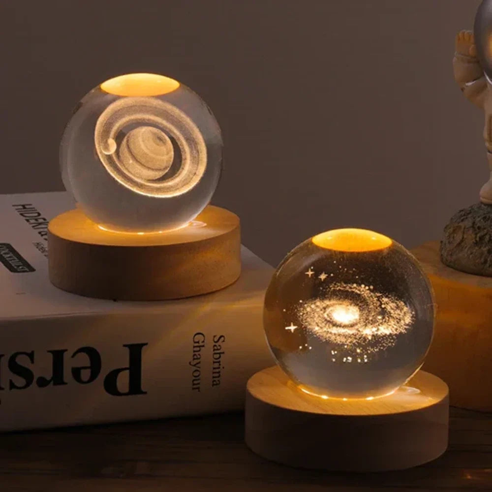3D Engraved Crystal Ball Night Light – Wood & Glass LED Lamp