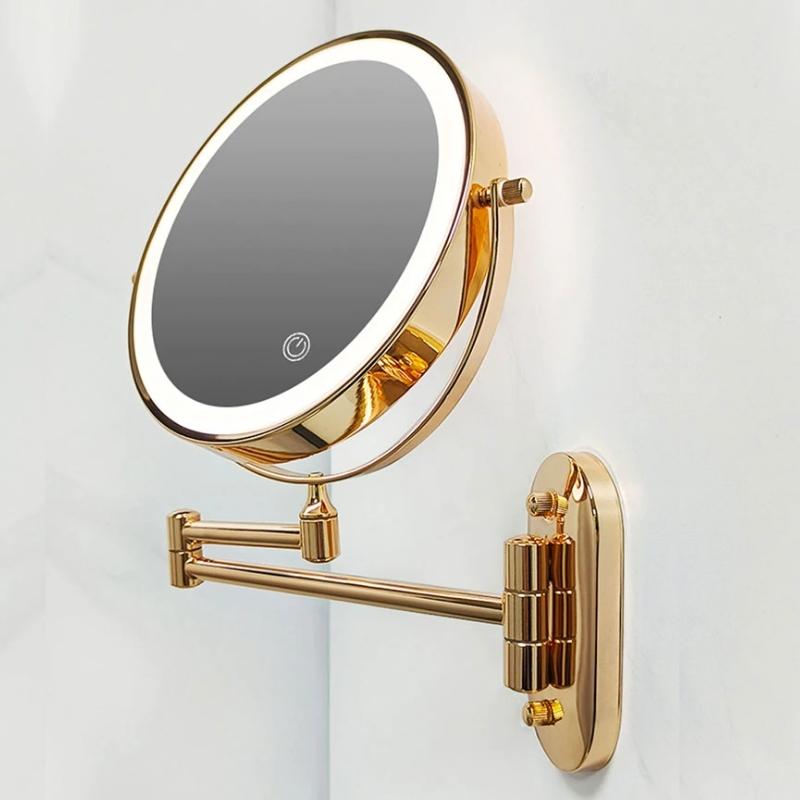 Gold Rechargeable LED Mirror with Magnifying Glass and Light for Makeup and Bathroom