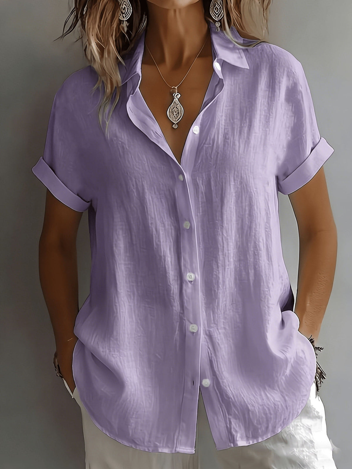 Women's Short-Sleeve Linen-Look Shirt with Button Placket