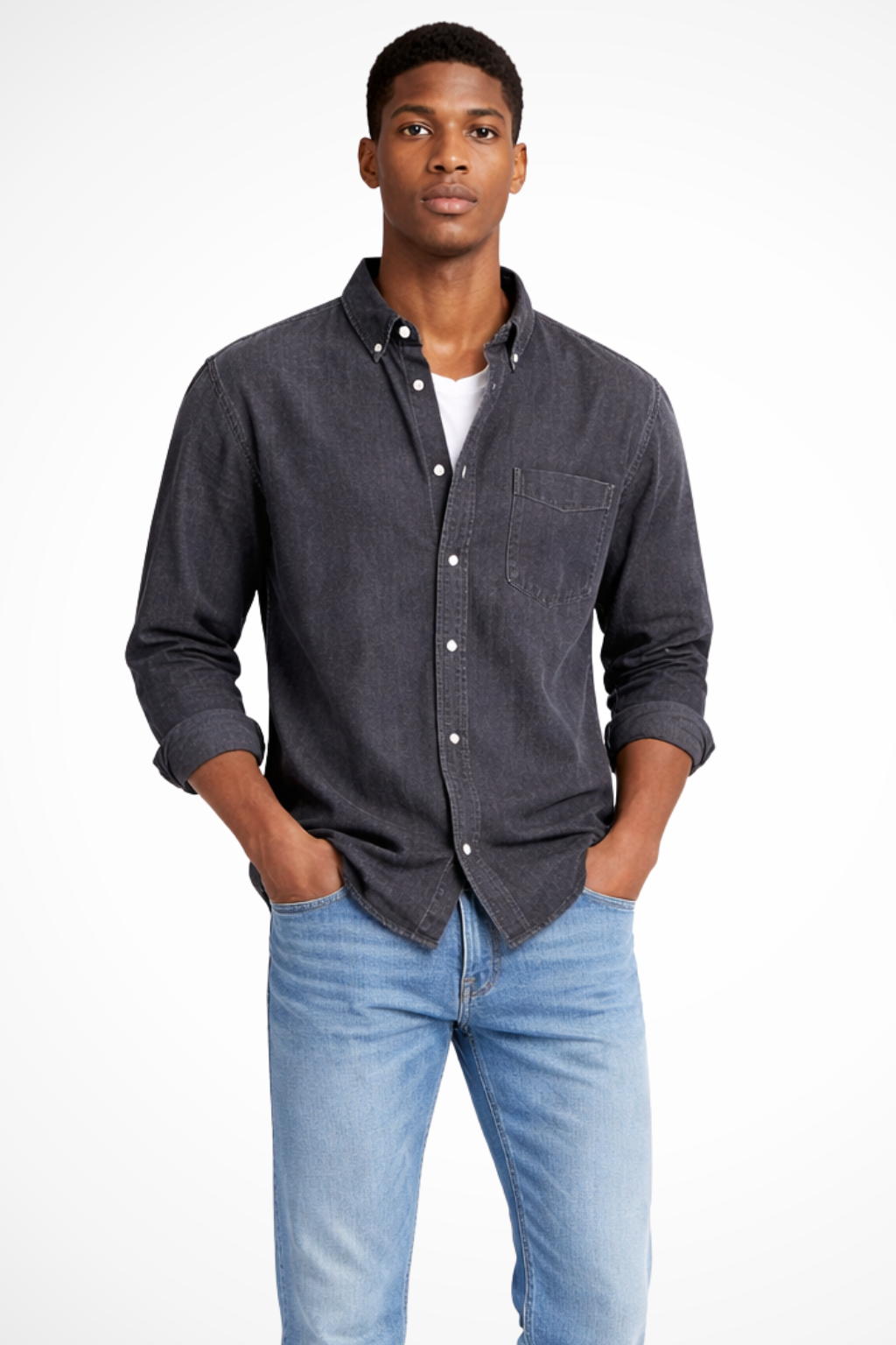 Men's Denim Button-Down Shirt - Long Sleeve Casual Cotton Shirt