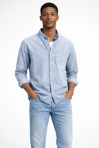 Men's Denim Button-Down Shirt - Long Sleeve Casual Cotton Shirt