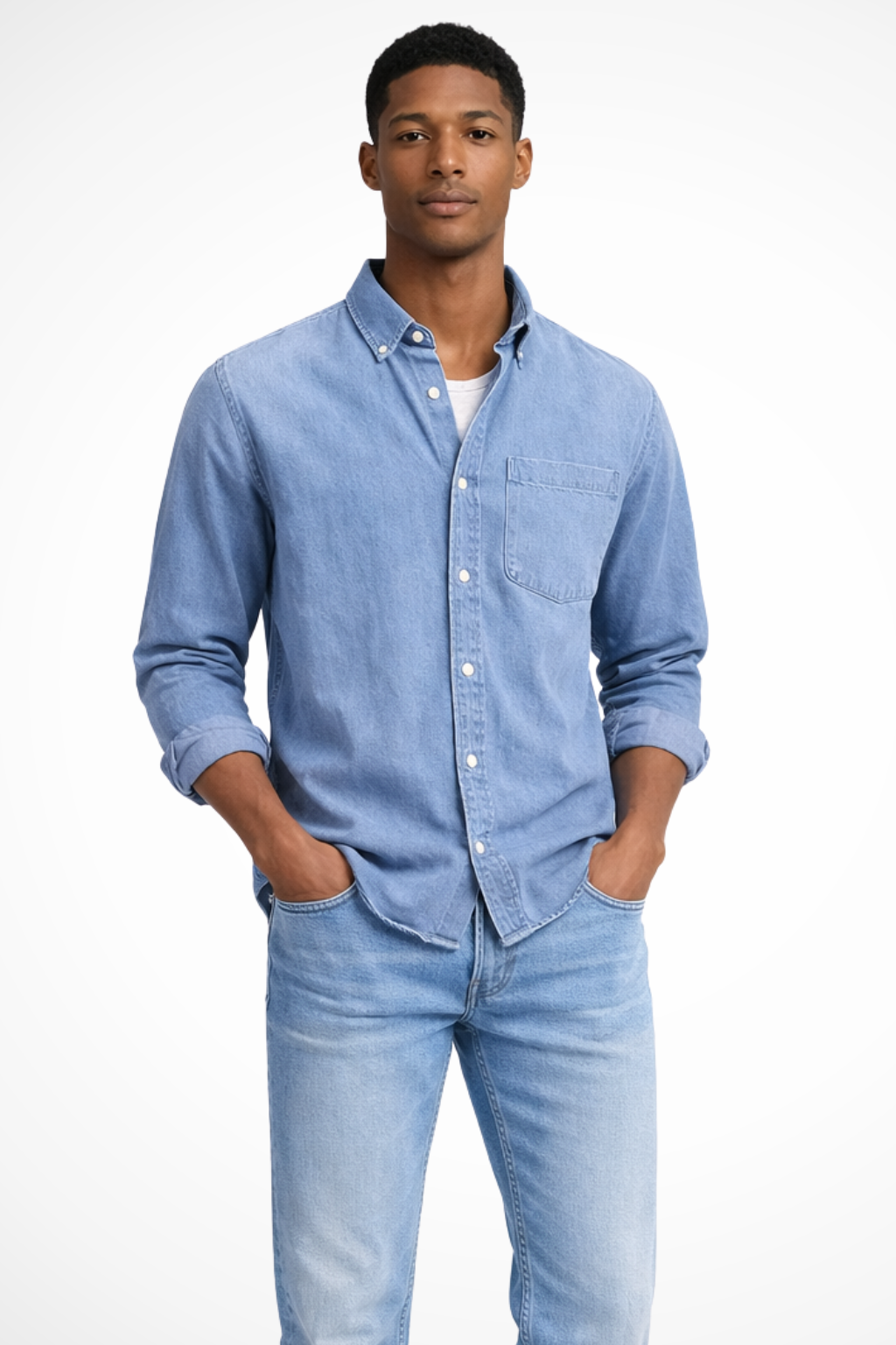 Men's Denim Button-Down Shirt - Long Sleeve Casual Cotton Shirt