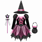 Girls 4-piece witch costume set, hat and wand detail