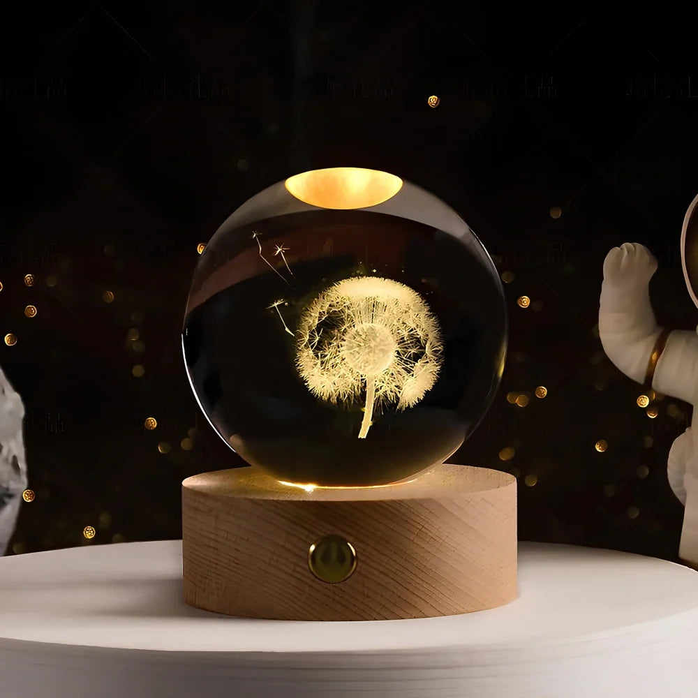 3D Engraved Crystal Ball Night Light – Wood & Glass LED Lamp