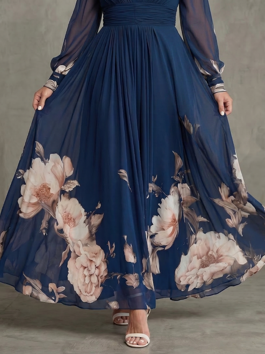 Women's Maxi Dress Navy Pleated Skirt with Sheer Sleeves
