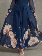 Women's Maxi Dress Navy Pleated Skirt with Sheer Sleeves