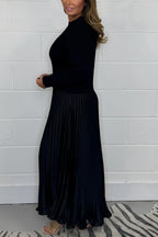 Women's Jumper Dress with Pleated Skirt - Knitted Cotton Blend Midi