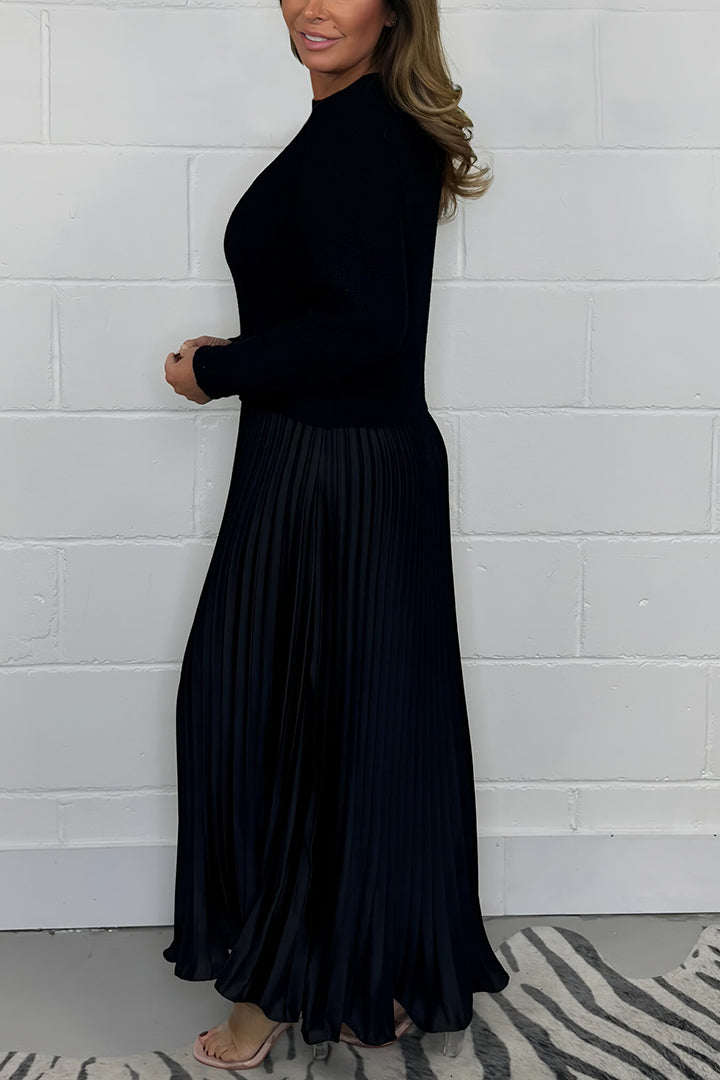 Women's Jumper Dress with Pleated Skirt - Knitted Cotton Blend Midi