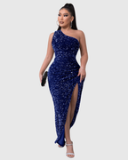 Women's One-Shoulder Sequin Evening Dress with Thigh Slit