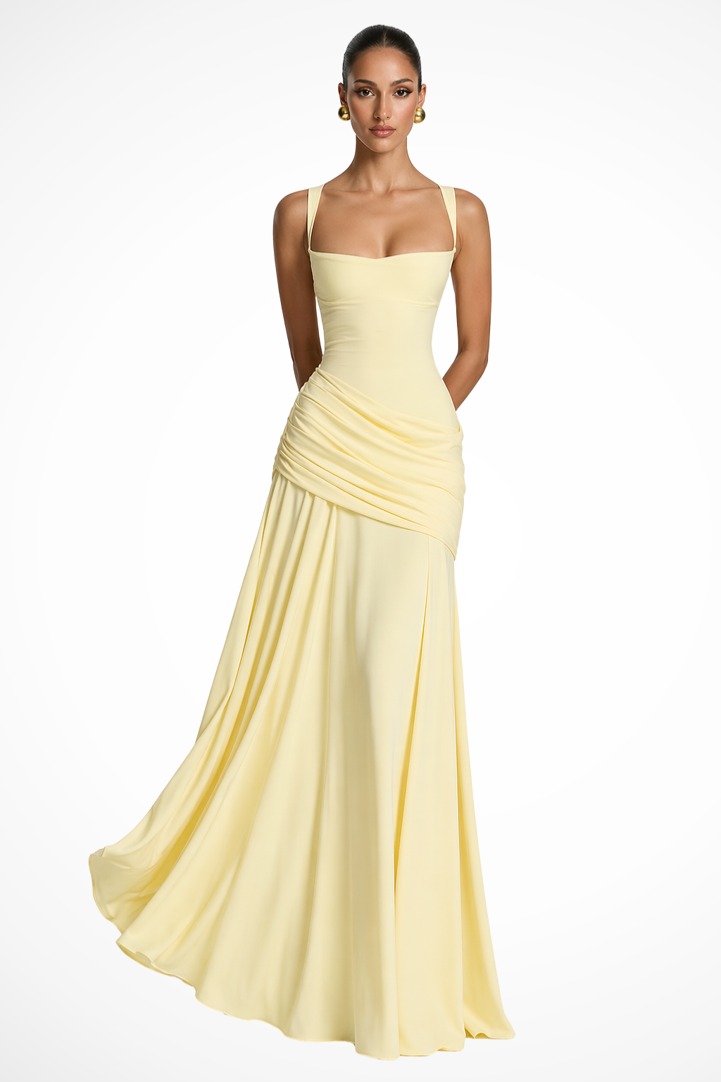 Women's Square Neck Maxi Dress with Ruched Bodice and Side Slit