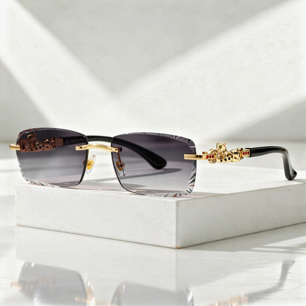 Rimless Sunglasses with Gold Panther Hinge Detail