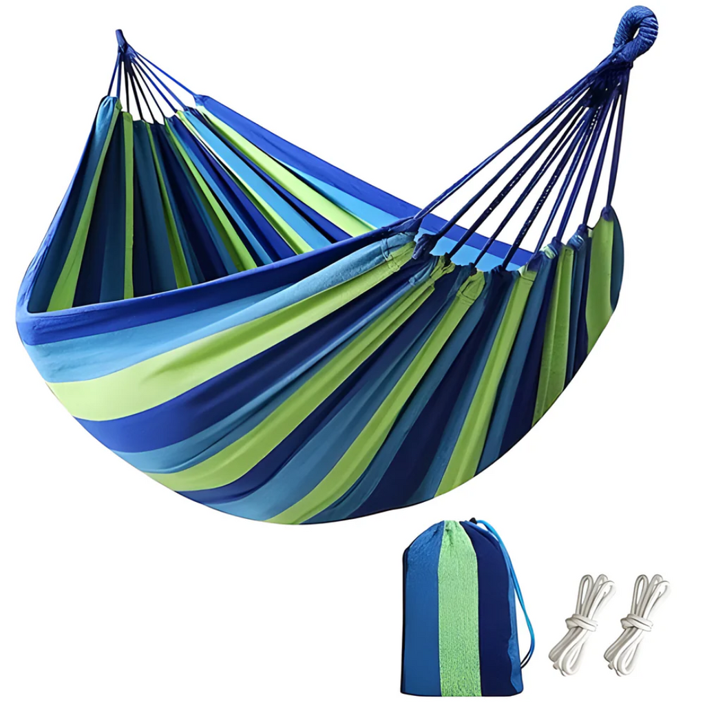 Outdoor Fabric Hammock with Striped Pattern and Rope Loops – Blue - 200 cm × 150 cm (78.74" × 59.06")