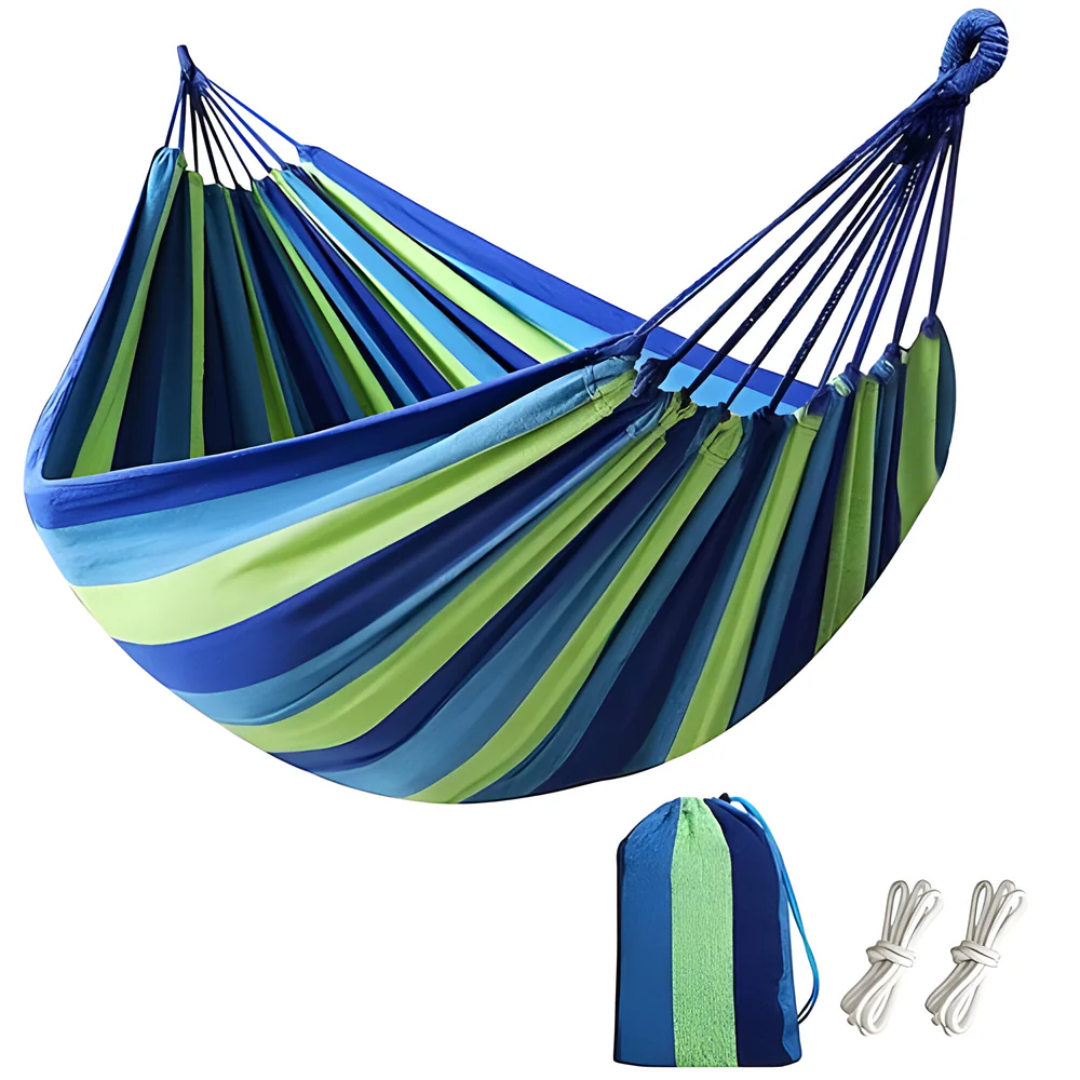 Outdoor Fabric Hammock with Striped Pattern and Rope Loops – Blue - 200 cm × 150 cm (78.74" × 59.06")
