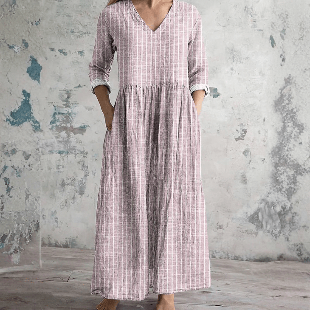 Women's Striped V-Neck Dress - Breathable Long Sleeve Casual Dress