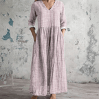 Women's Striped V-Neck Dress - Breathable Long Sleeve Casual Dress